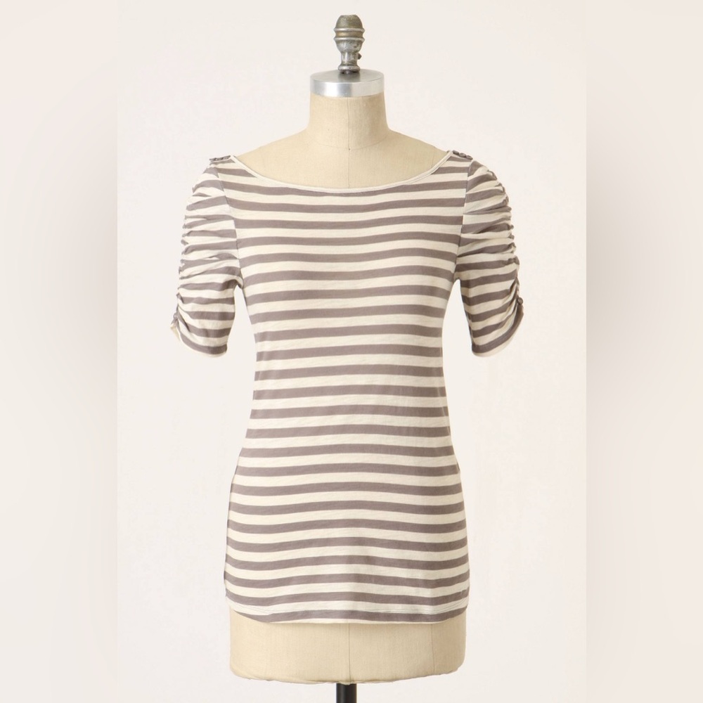Anthropologie | Little Yellow Button Brown Striped "Curated Tee" M